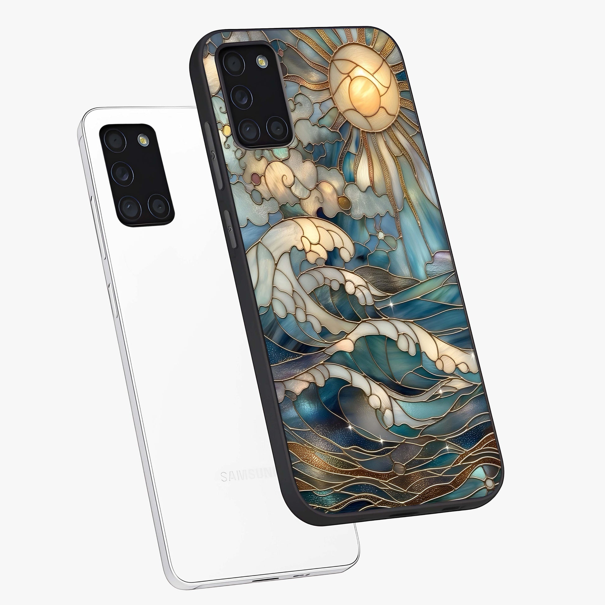 Oceanic Stained Printed Glass Case displayed in angled mockup highlighting colorful aquatic design with artistic aesthetic style.