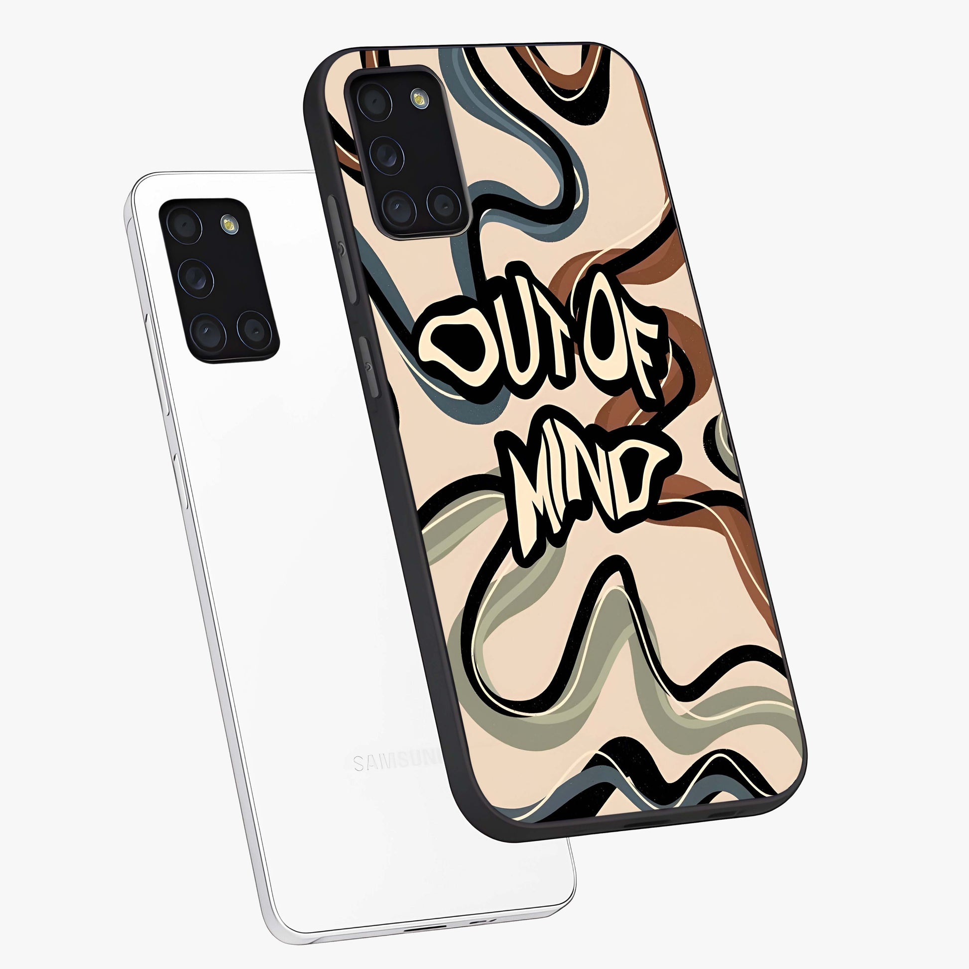 Out Of Mind Glass Case displayed in angled mockup highlighting bold statement design with modern artistic aesthetic.