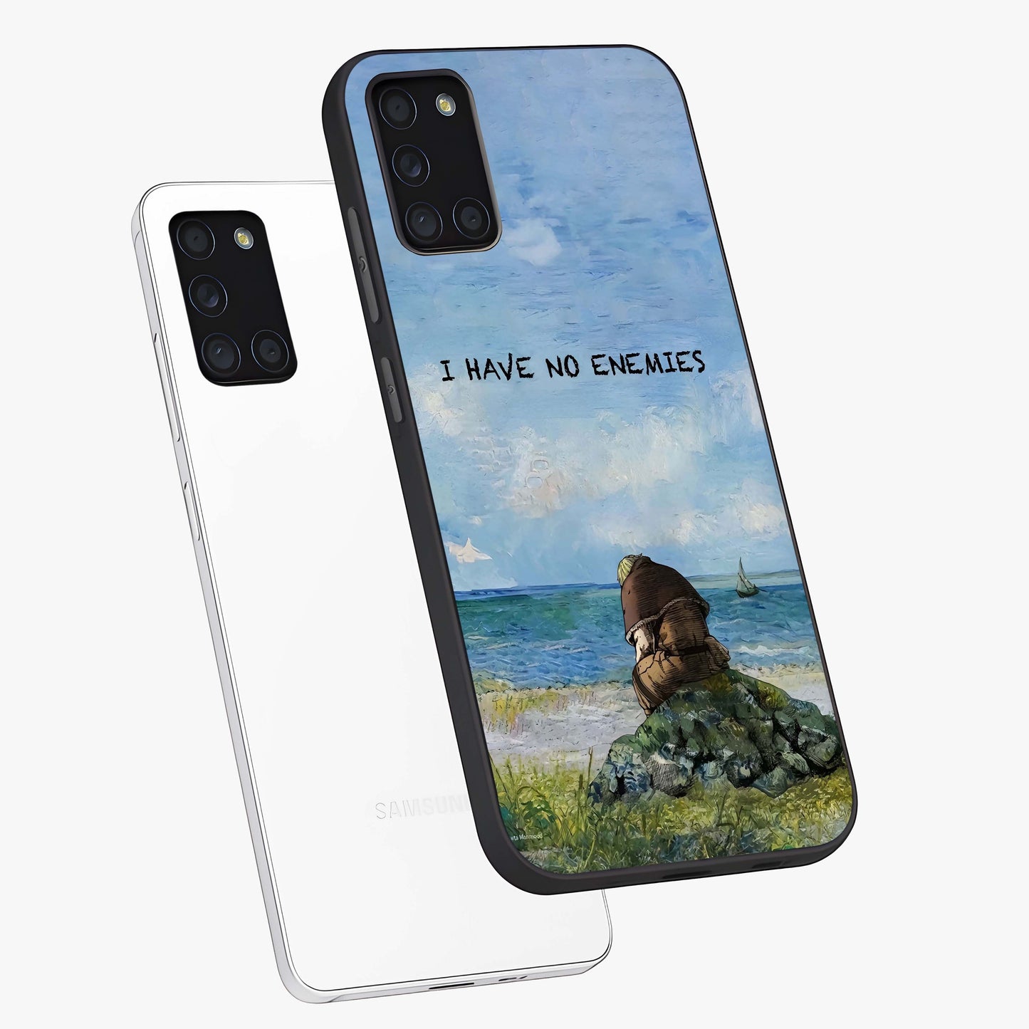 Peace Beyond War Glass Case displayed in angled mockup highlighting meaningful message design with artistic aesthetic style.