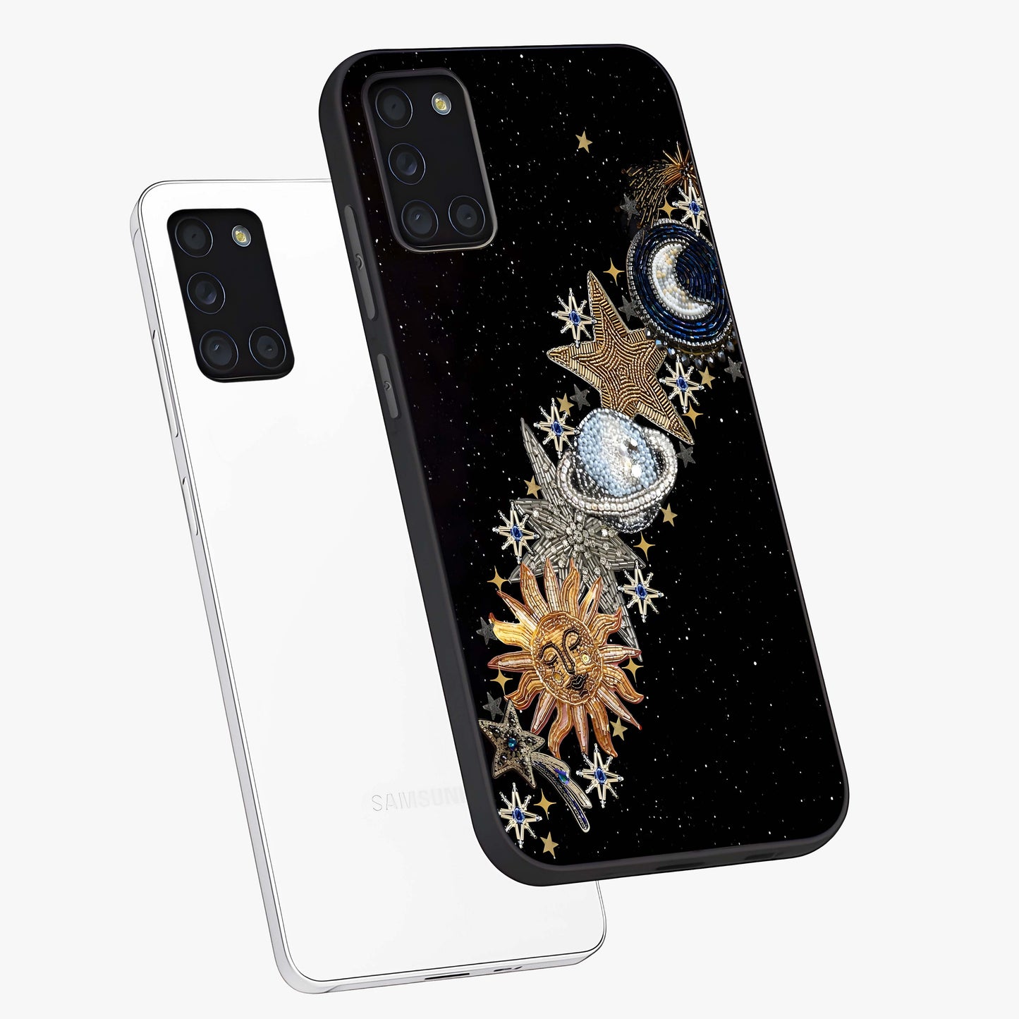 Pearls Universe Object Glass Case displayed in angled mockup highlighting celestial pearl design with dreamy aesthetic.