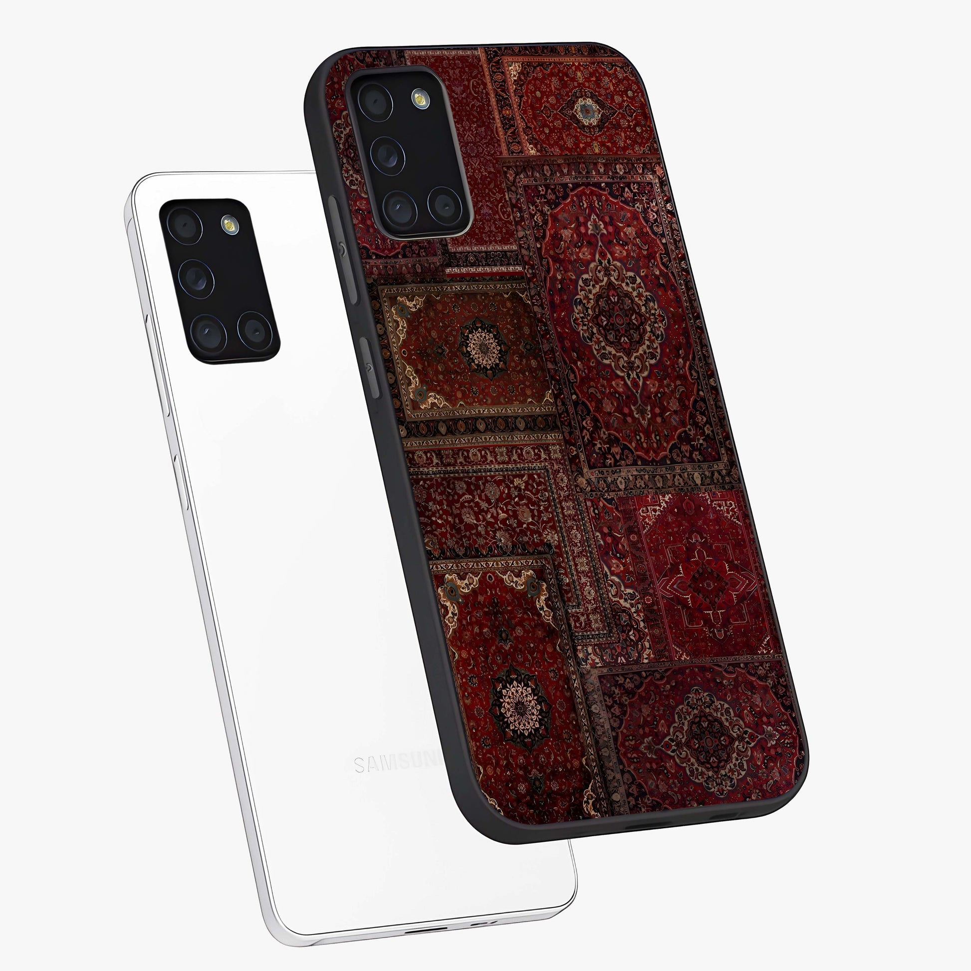 Persian Velvet Tale Glass Case displayed in angled mockup highlighting ornate textile inspired design with royal aesthetic.