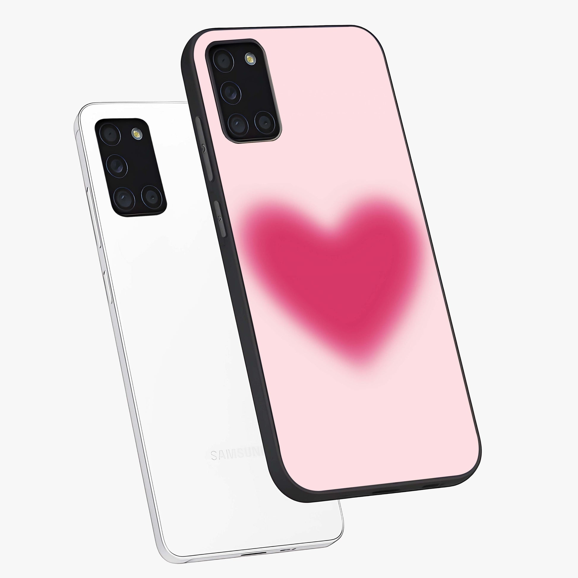 Pink Aura Heart Glass Case displayed in angled mockup highlighting vibrant pink heart design with dreamy aura aesthetic.