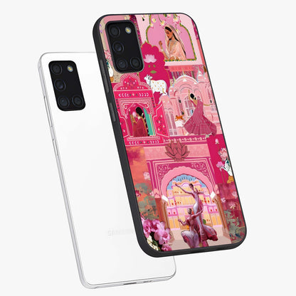 Pink Palace Muse Glass Case displayed in angled mockup highlighting dreamy palace illustration with soft pink aesthetic.