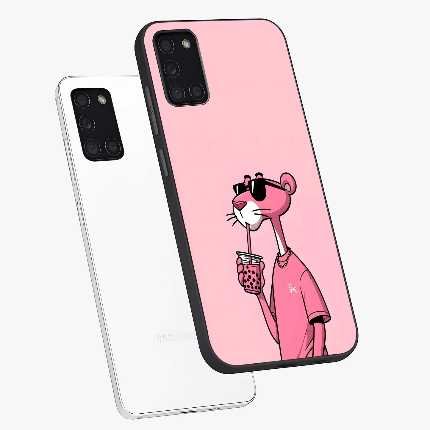 Pink Panther Glass Case displayed in angled mockup highlighting playful cartoon character design with vibrant pink aesthetic.