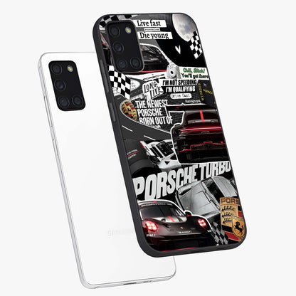 Porsche Racing Collage Glass Case displayed in angled mockup highlighting dynamic automotive design with bold racing aesthetic.