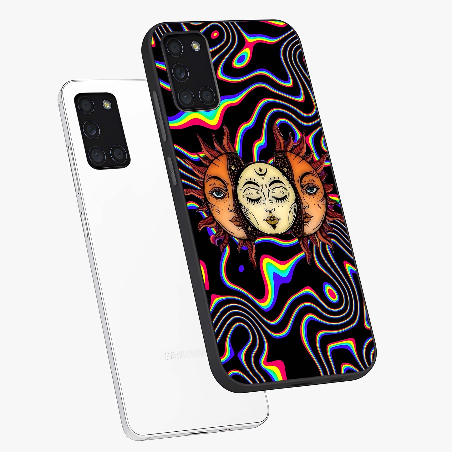 Psychedelic Sun Glass Case displayed in angled mockup highlighting vibrant abstract sun design with artistic aesthetic style.