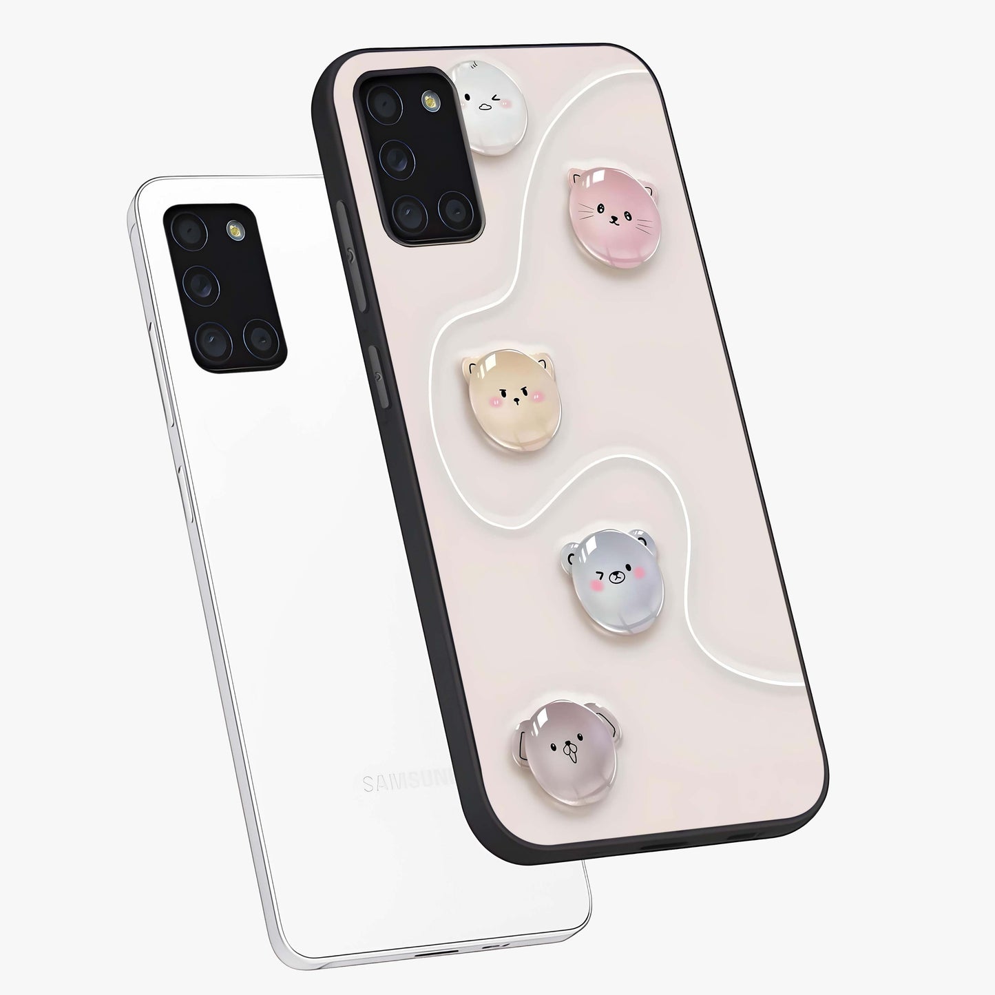 Puffy Face Parade Glass Case displayed in angled mockup highlighting playful cartoon face design with fun aesthetic.