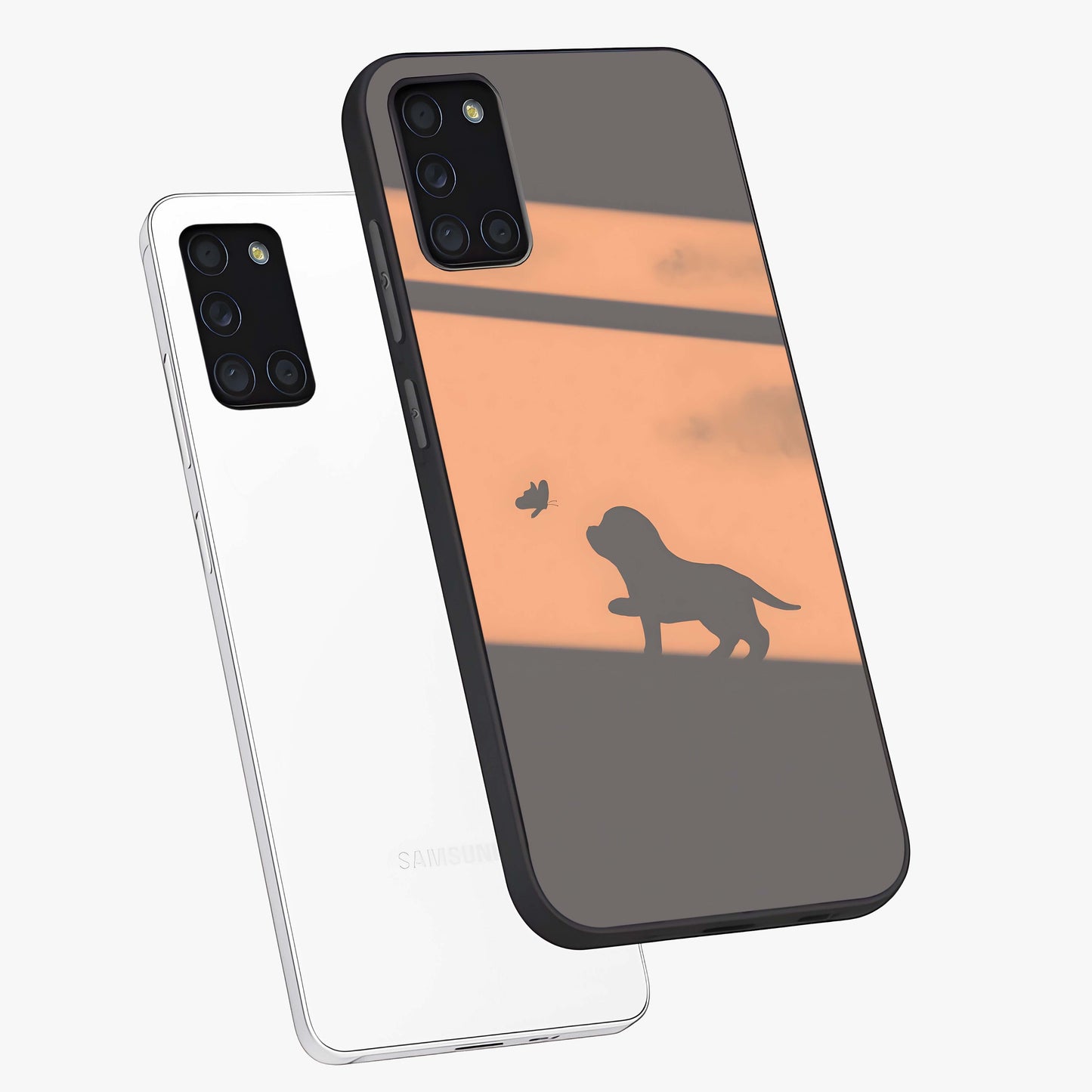 Puppy Shadow Art Glass Case displayed in angled mockup highlighting playful dog illustration with artistic shadow aesthetic.