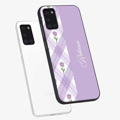 Purple Diamond Floral Glass Case displayed in angled mockup highlighting elegant purple flower design with decorative pattern.
