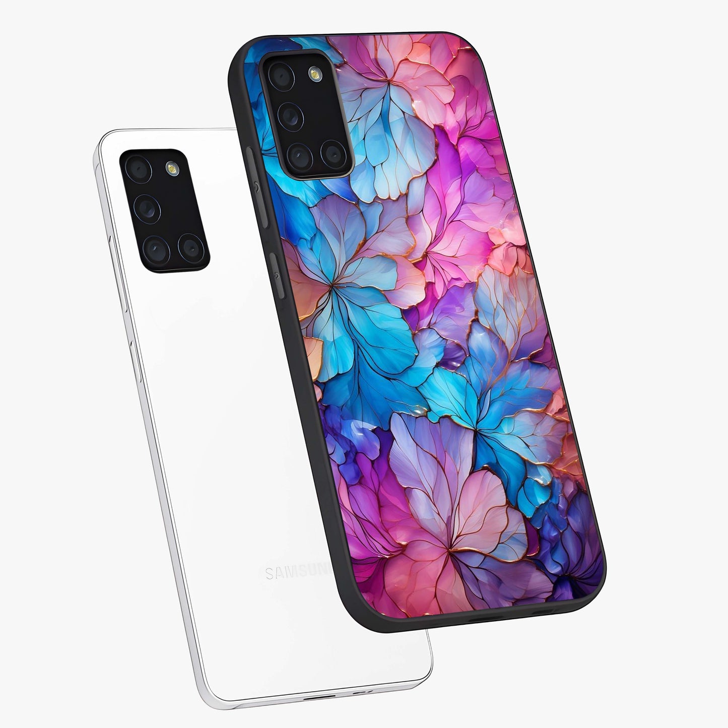Radiant Floral Whirl Glass Case displayed in angled mockup highlighting vibrant flower pattern with dynamic artistic aesthetic.