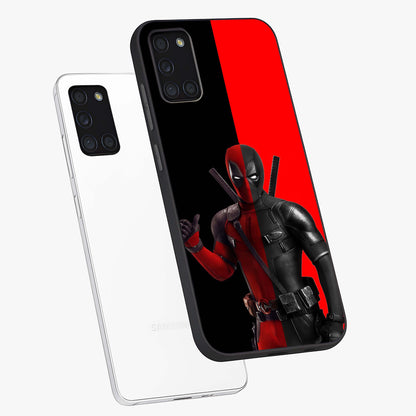 Red & Black Deadpool Theme Glass Case displayed in angled mockup highlighting vibrant superhero style illustration with action aesthetic.