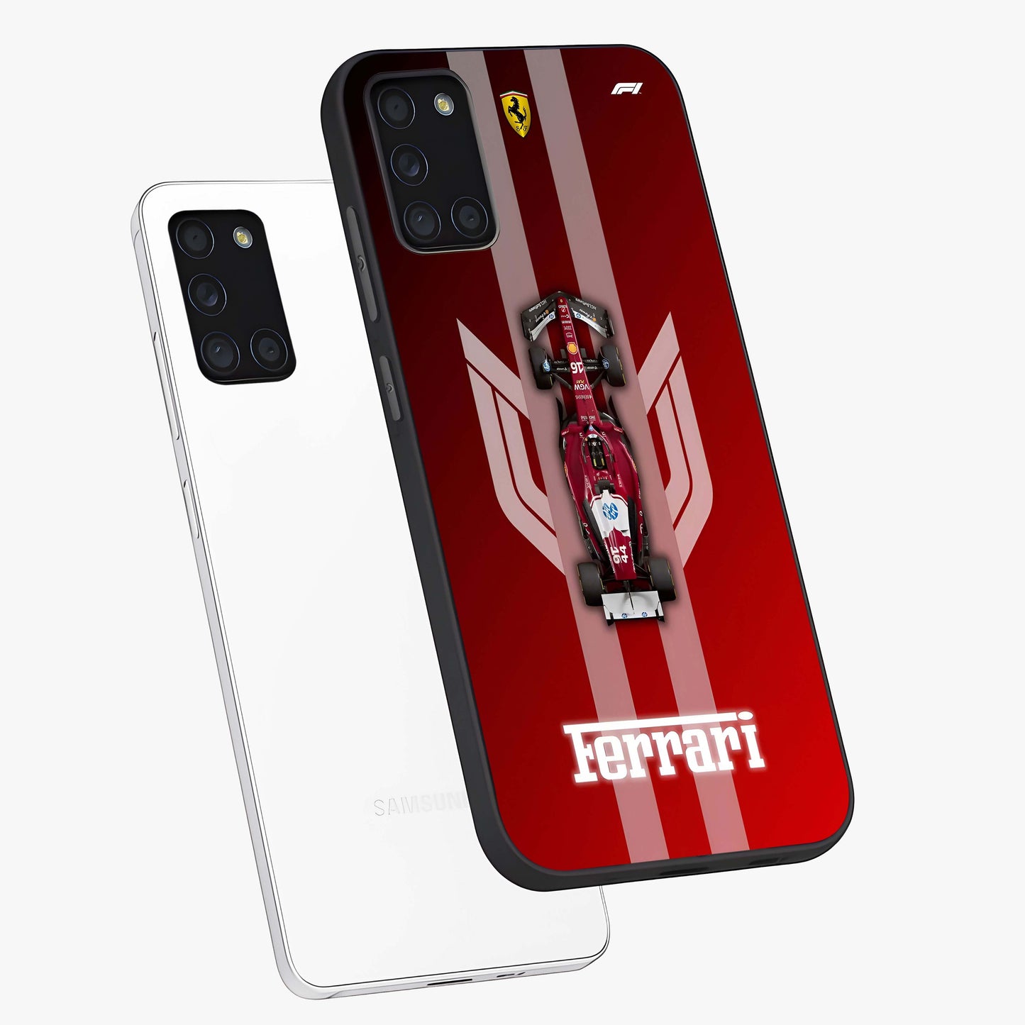 Red Ferrari F1 Vertical Glass Case displayed in angled mockup highlighting high speed racing design with bold automotive aesthetic.