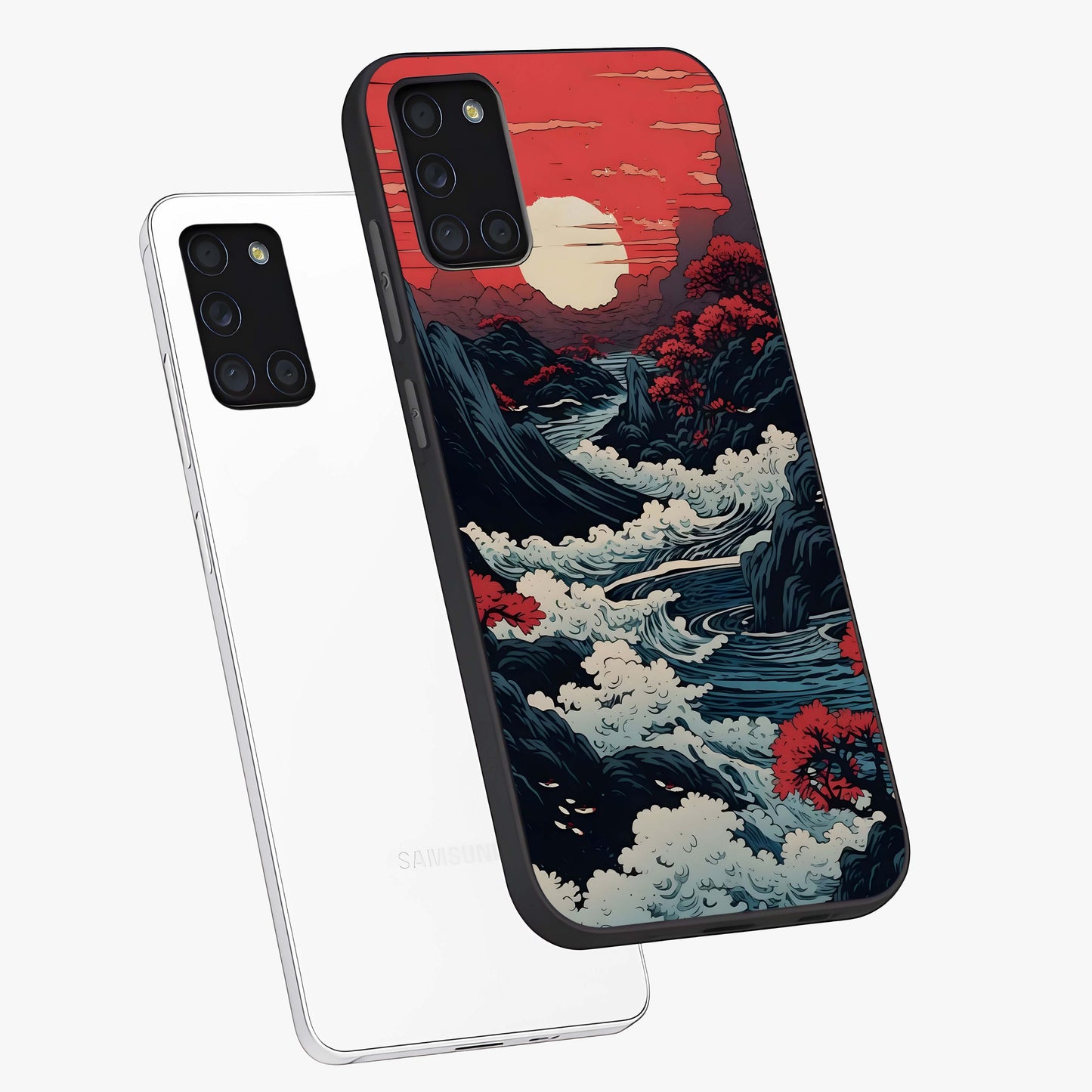 Red Sunset Scenery Glass Case displayed in angled mockup highlighting glowing sunset sky design with scenic aesthetic.