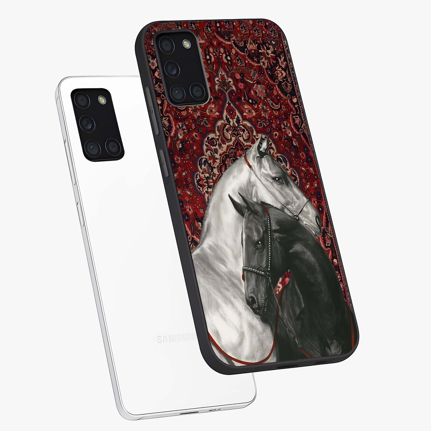 Regal Stallion Tapestry Glass Case displayed in angled mockup highlighting royal stallion design with decorative heritage aesthetic.