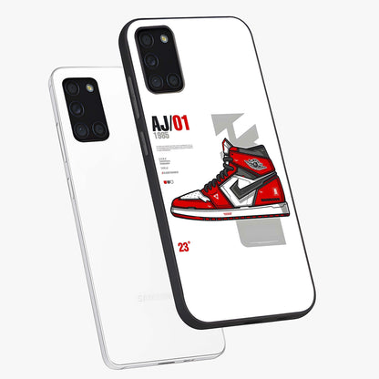 Retro Sneaker Blueprint Glass Case displayed in angled mockup highlighting detailed shoe design with sporty retro aesthetic.