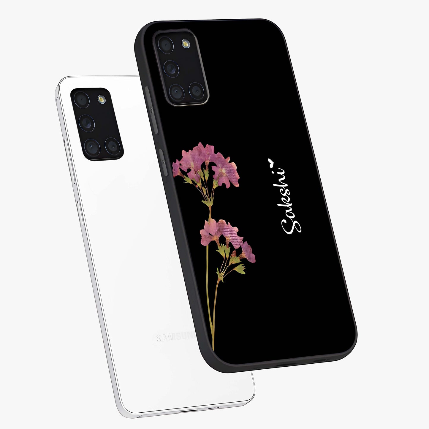 Riching Lavender Flower Custom Name Glass Case displayed in angled mockup highlighting delicate lavender flower design with custom name feature.