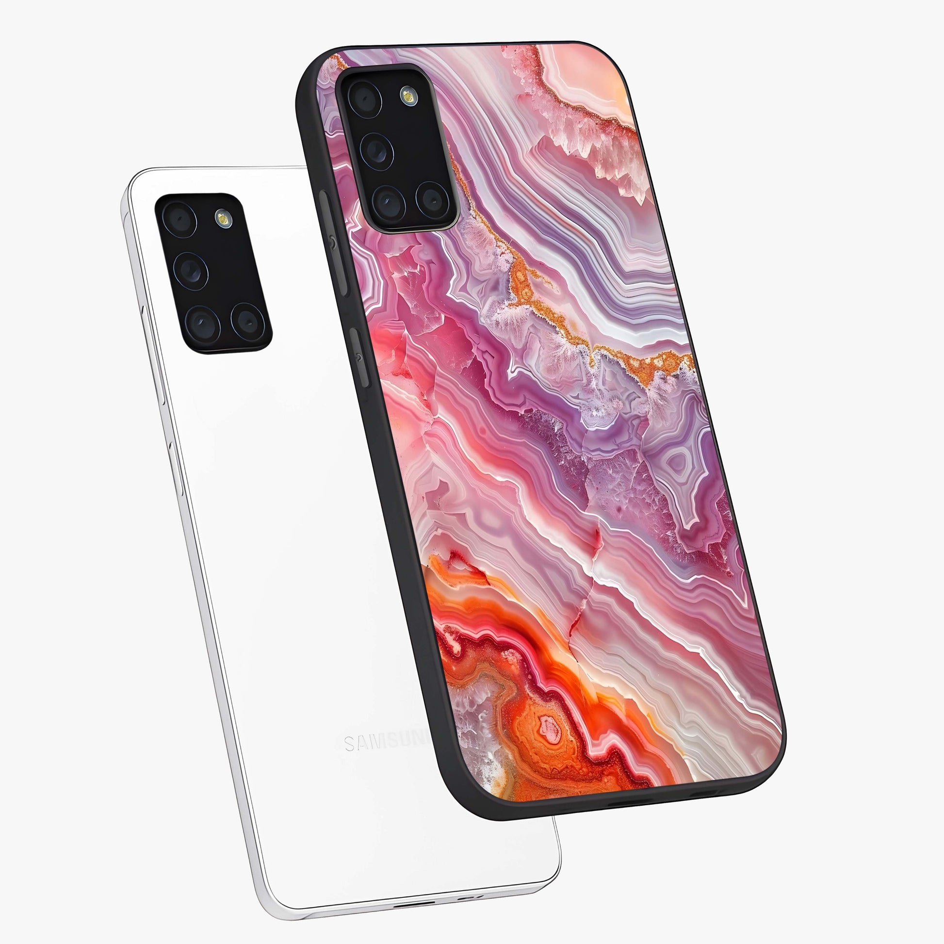 Rose Quartz Marble Glass Case displayed in angled mockup highlighting elegant marble pattern with soft aesthetic style.