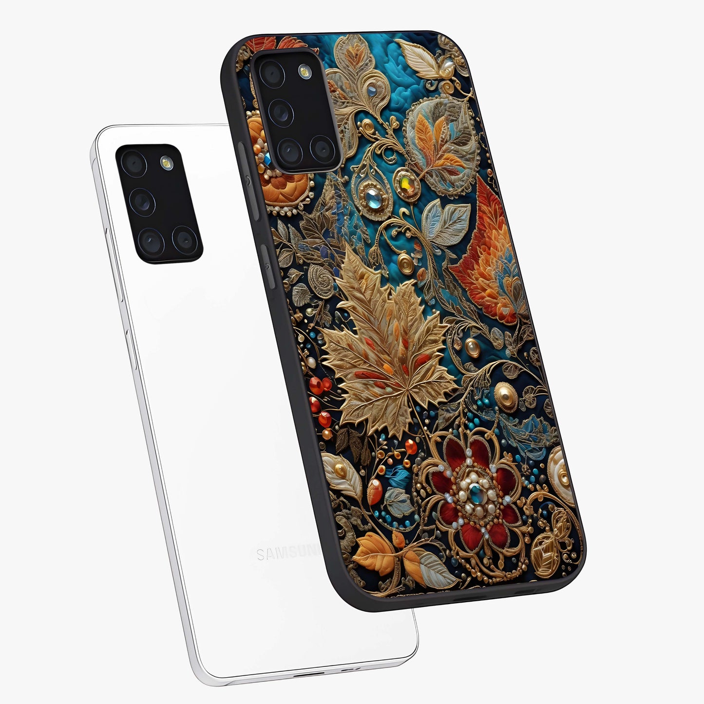 Royal Jewel Garden Glass Case displayed in angled mockup highlighting vibrant jewel inspired floral design with elegant aesthetic.