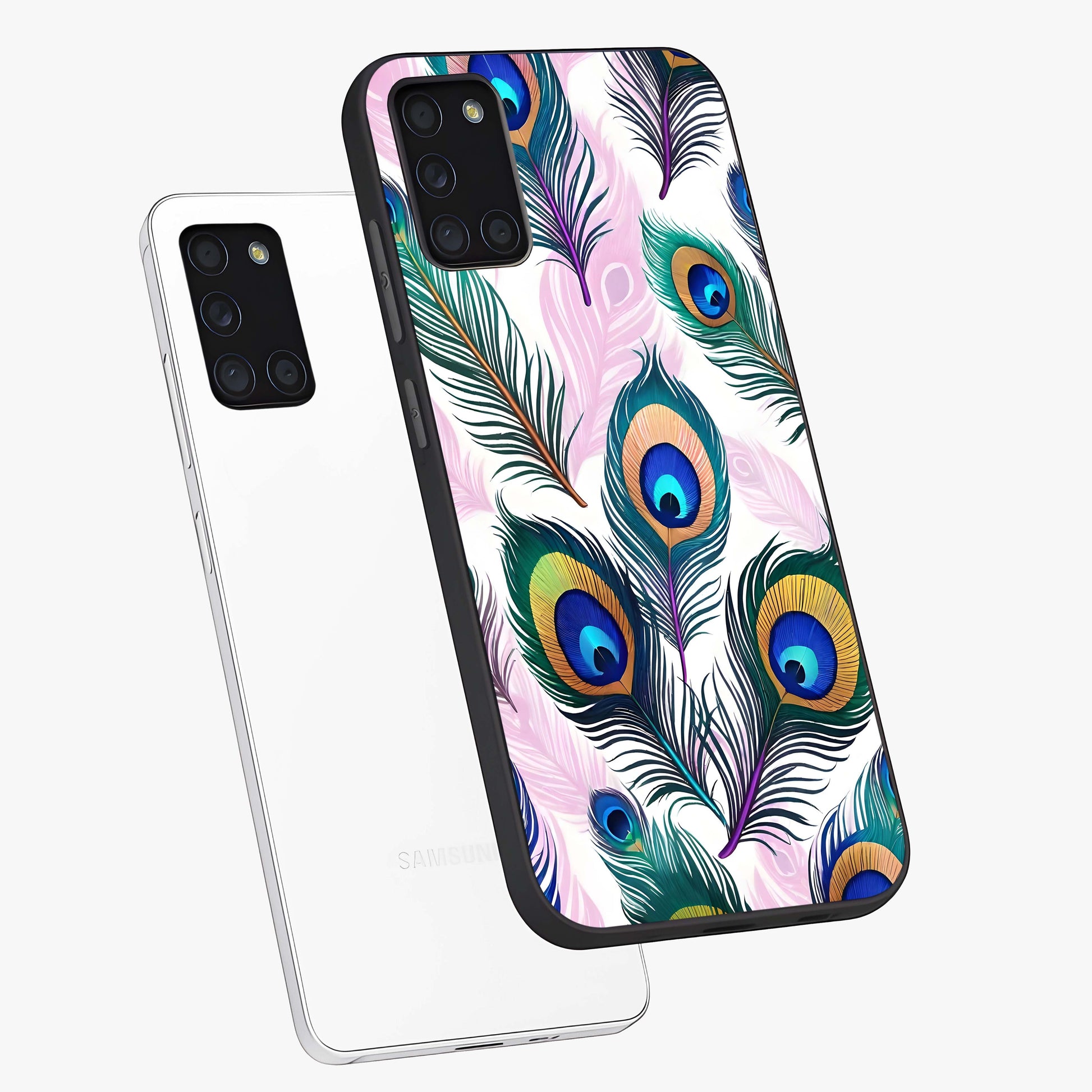 Royal Peacock Feathers Glass Case displayed in angled mockup highlighting vibrant feather pattern with regal aesthetic style.