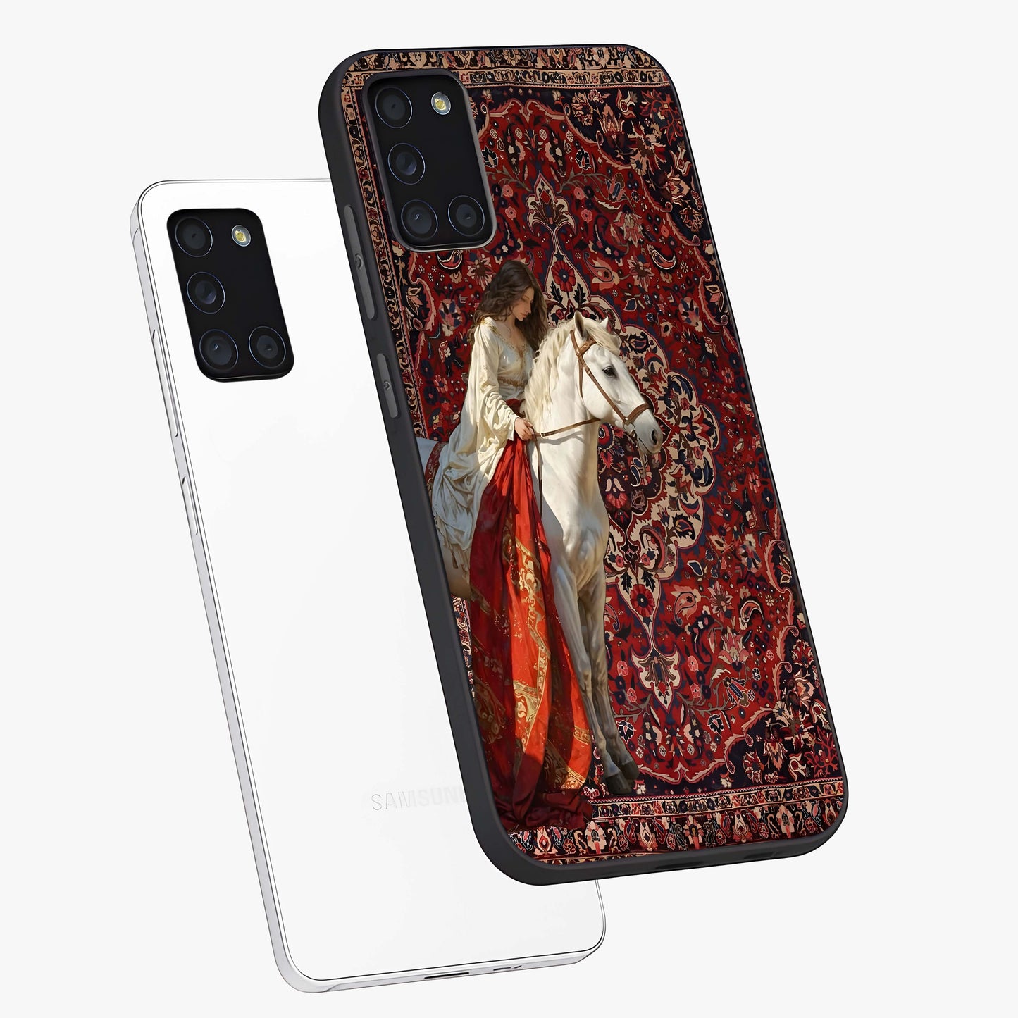Royal Rider Tapestry Glass Case displayed in angled mockup highlighting traditional tapestry design with royal heritage aesthetic.