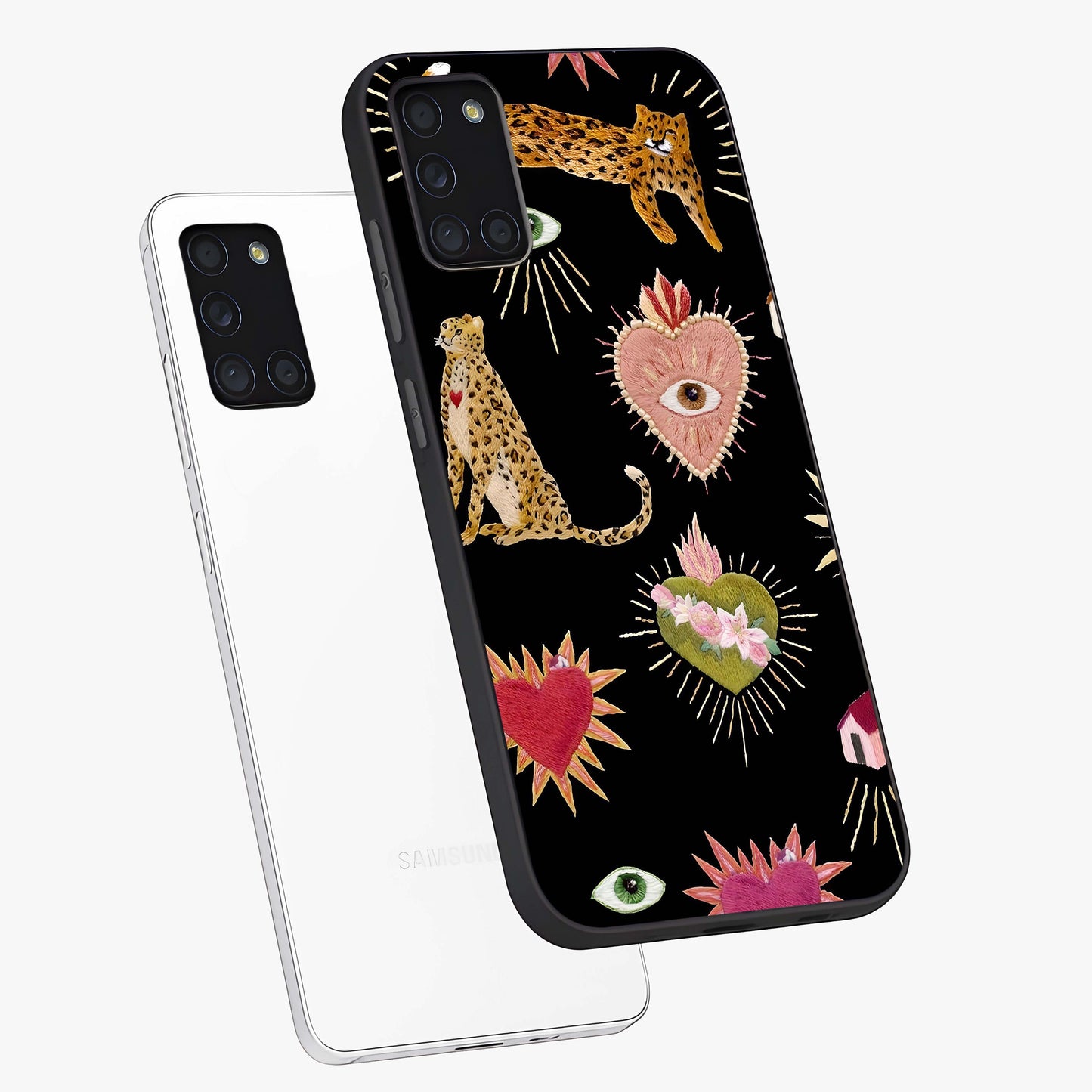 Sacred Jungle Heart Glass Case displayed in angled mockup highlighting lush tropical design with natural aesthetic style.