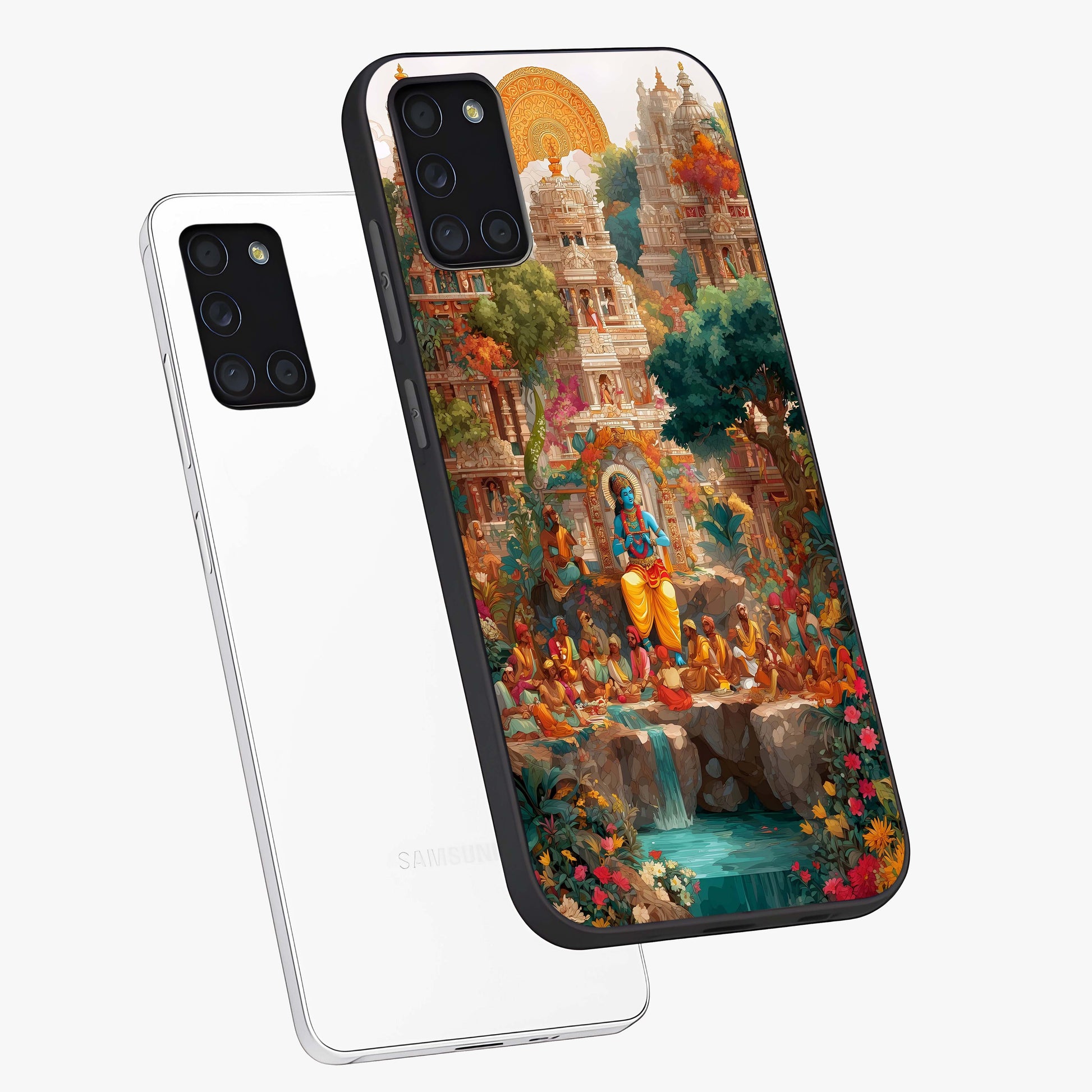Sacred Sunlight Gods Glass Case displayed in angled mockup highlighting radiant spiritual design with celestial aesthetic.