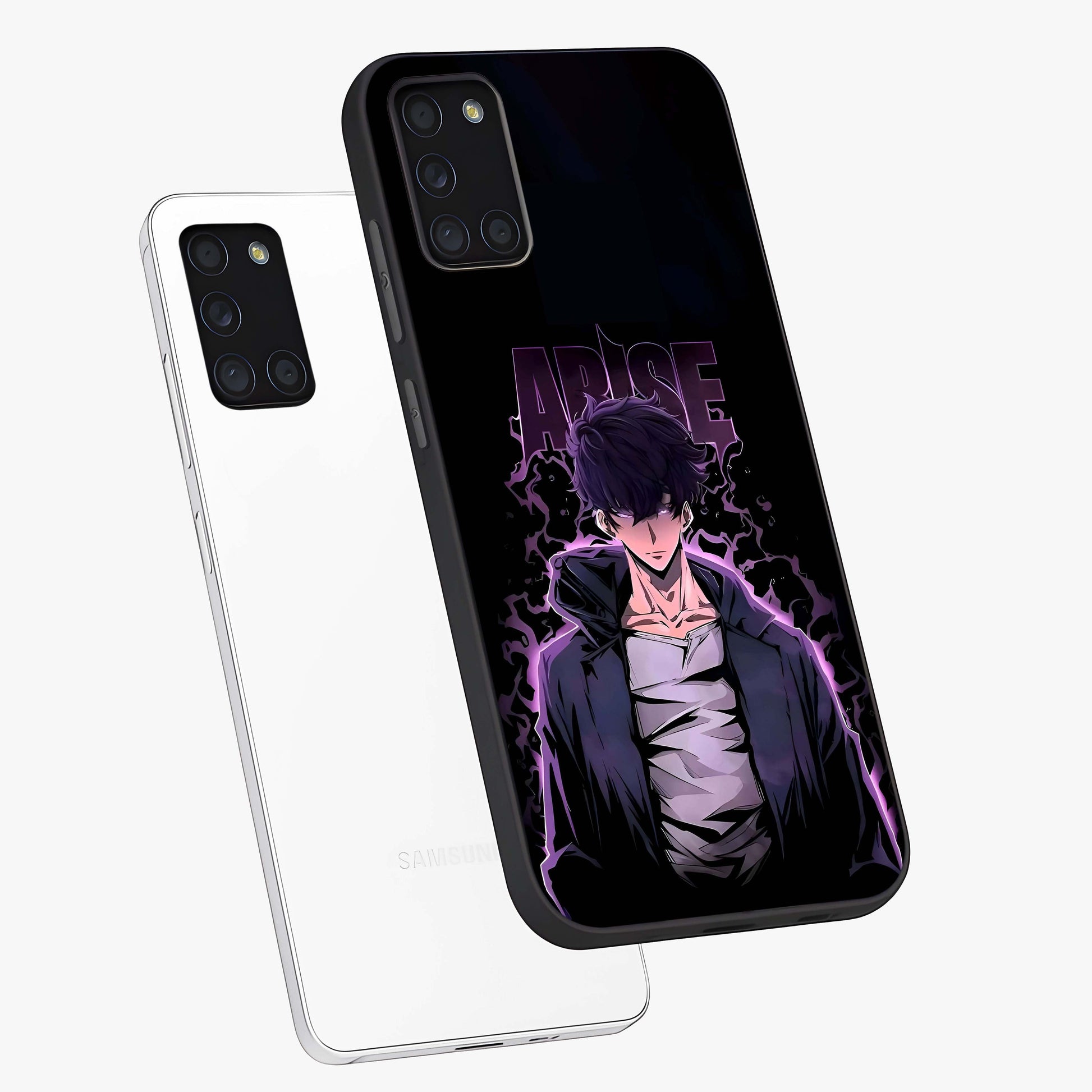 Shadow Monarch Awakening Glass Case displayed in angled mockup highlighting dramatic shadow warrior design with fantasy aesthetic.
