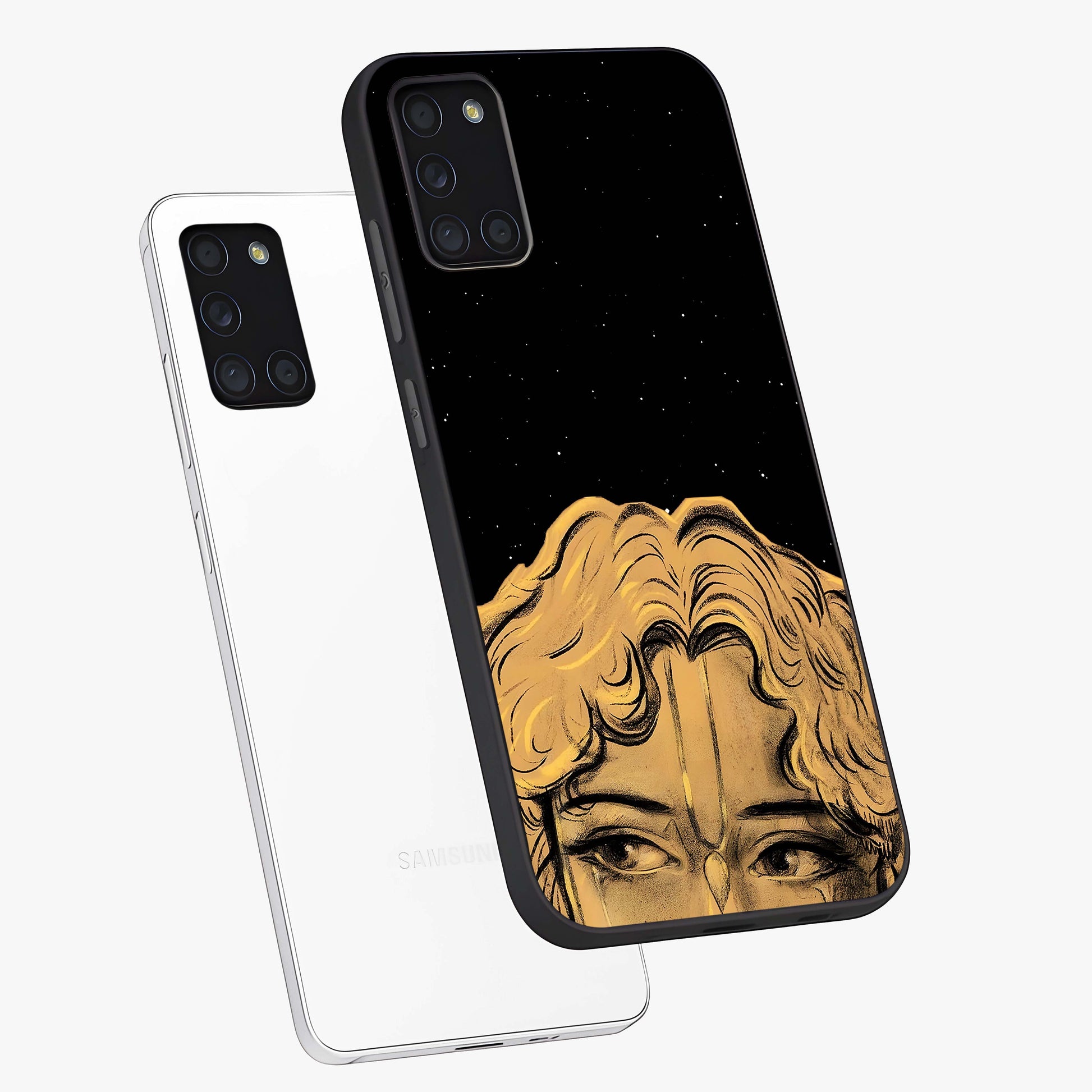Shri Krishna Art Glass Case displayed in angled mockup highlighting spiritual Krishna illustration with divine aesthetic.