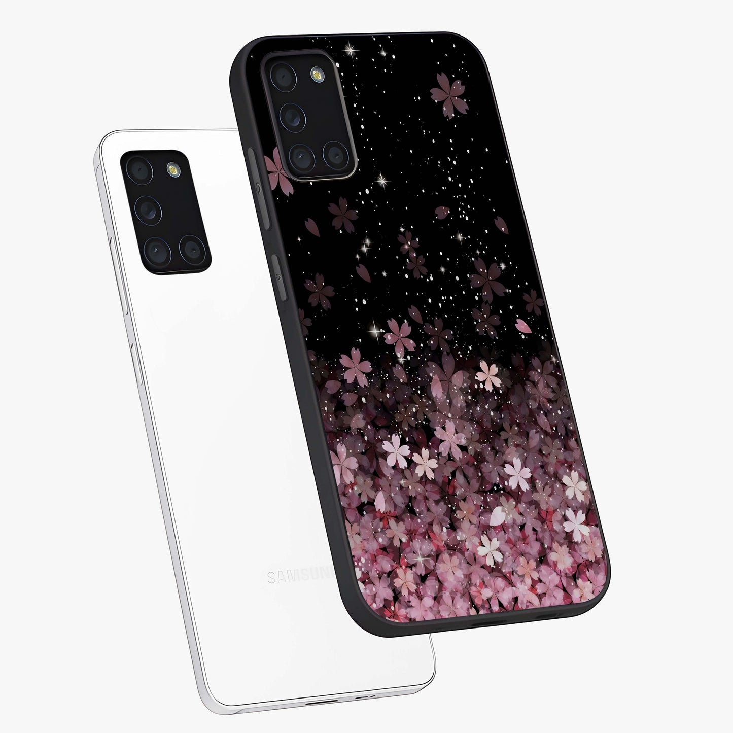 Small Starry Flowers Glass Case displayed in angled mockup highlighting tiny flower pattern with celestial aesthetic style.