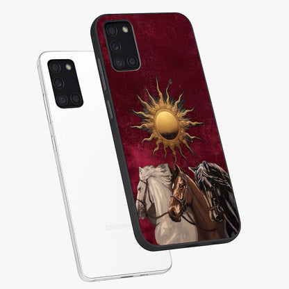 Solar Riders Glass Case displayed in angled mockup highlighting powerful rider illustration with radiant solar aesthetic.