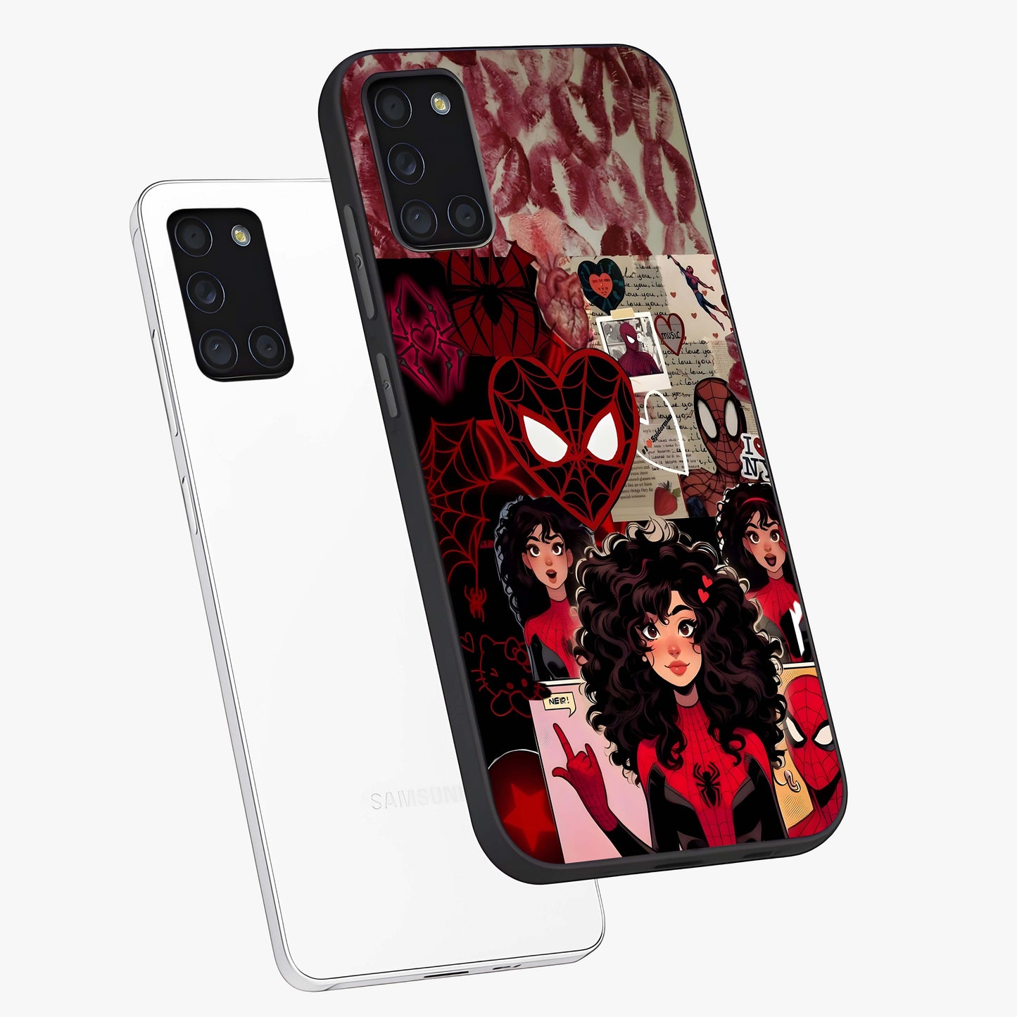 Spider Love Story Glass Case displayed in angled mockup highlighting expressive comic inspired design with playful aesthetic.