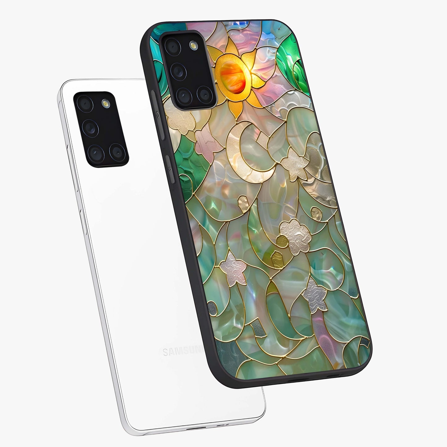 Stained Sunrise Glow Glass Case displayed in angled mockup highlighting radiant sunrise design with artistic aesthetic style.