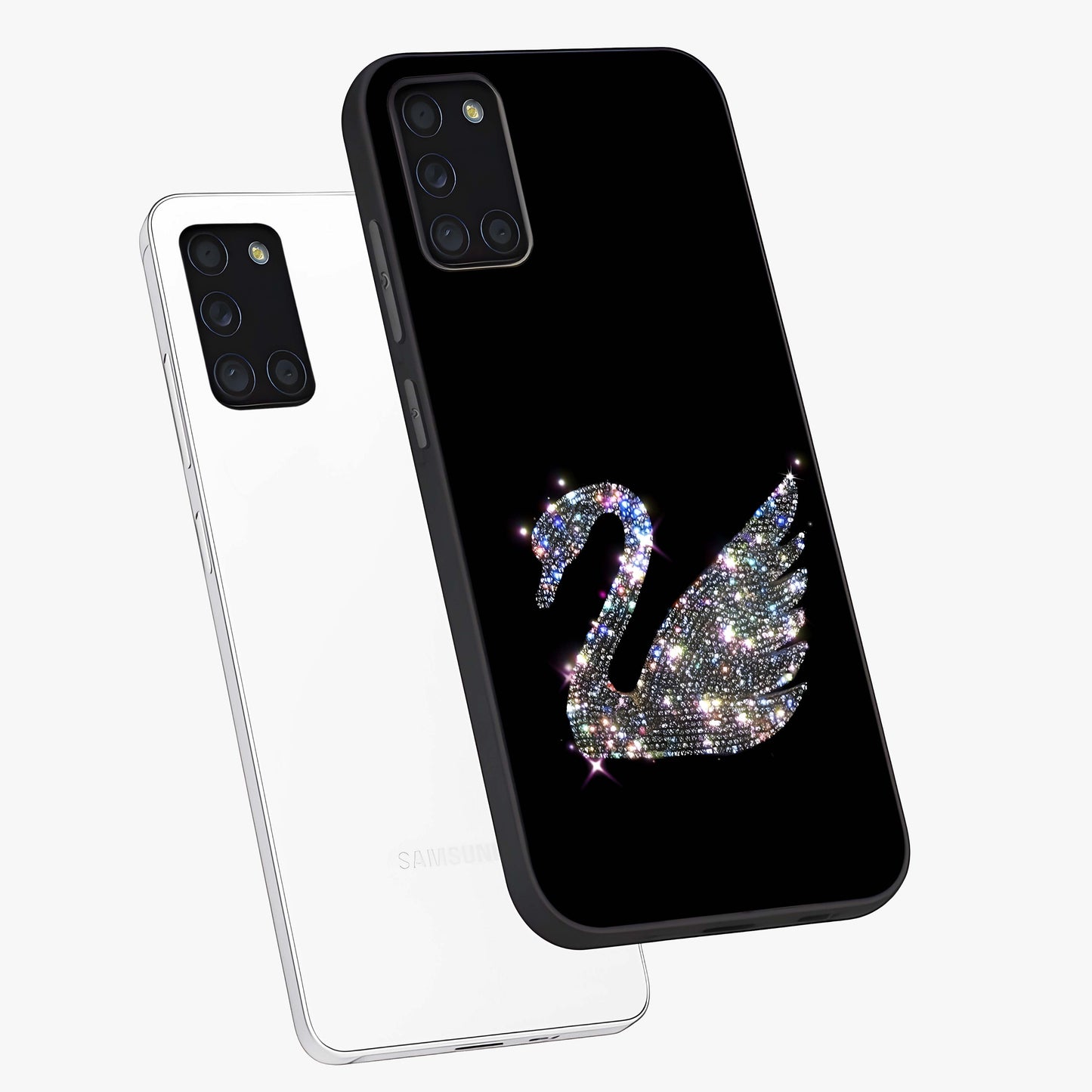 Starlit Swan Grace Glass Case displayed in angled mockup highlighting elegant swan illustration with dreamy celestial aesthetic.