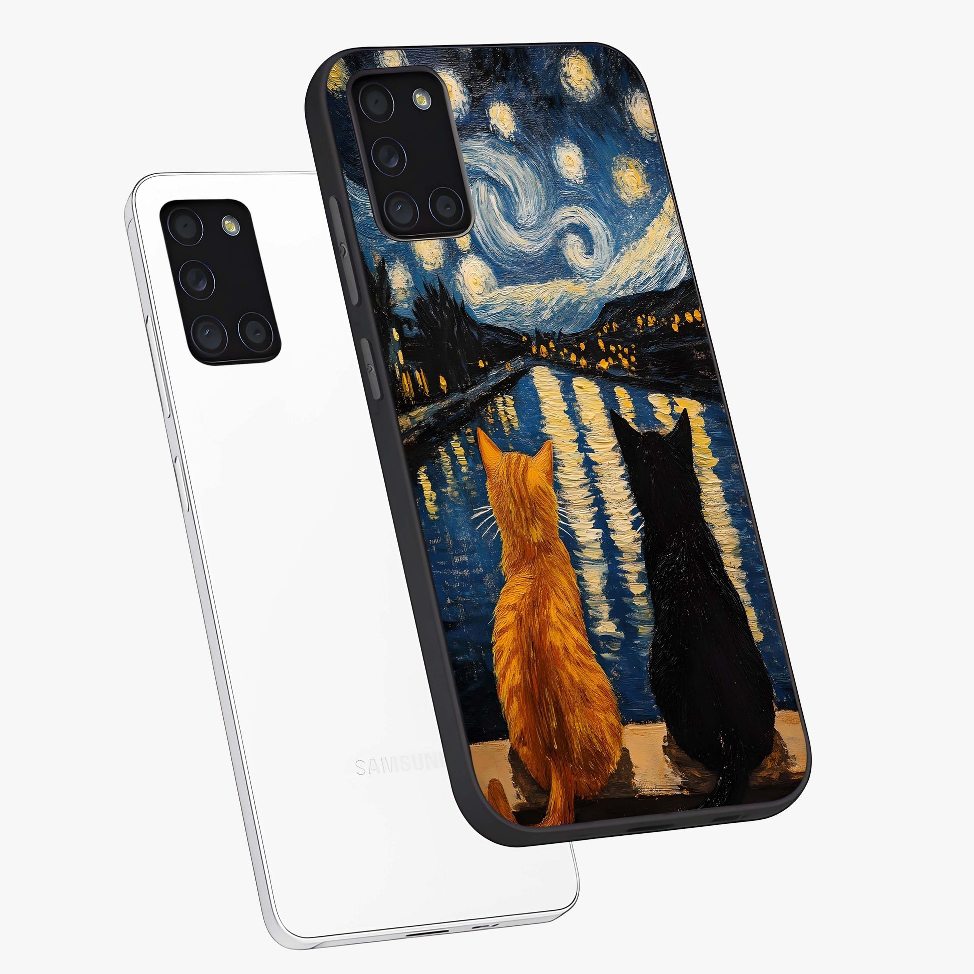 Starry River Cats Glass Case displayed in angled mockup highlighting charming feline illustration with dreamy night aesthetic.