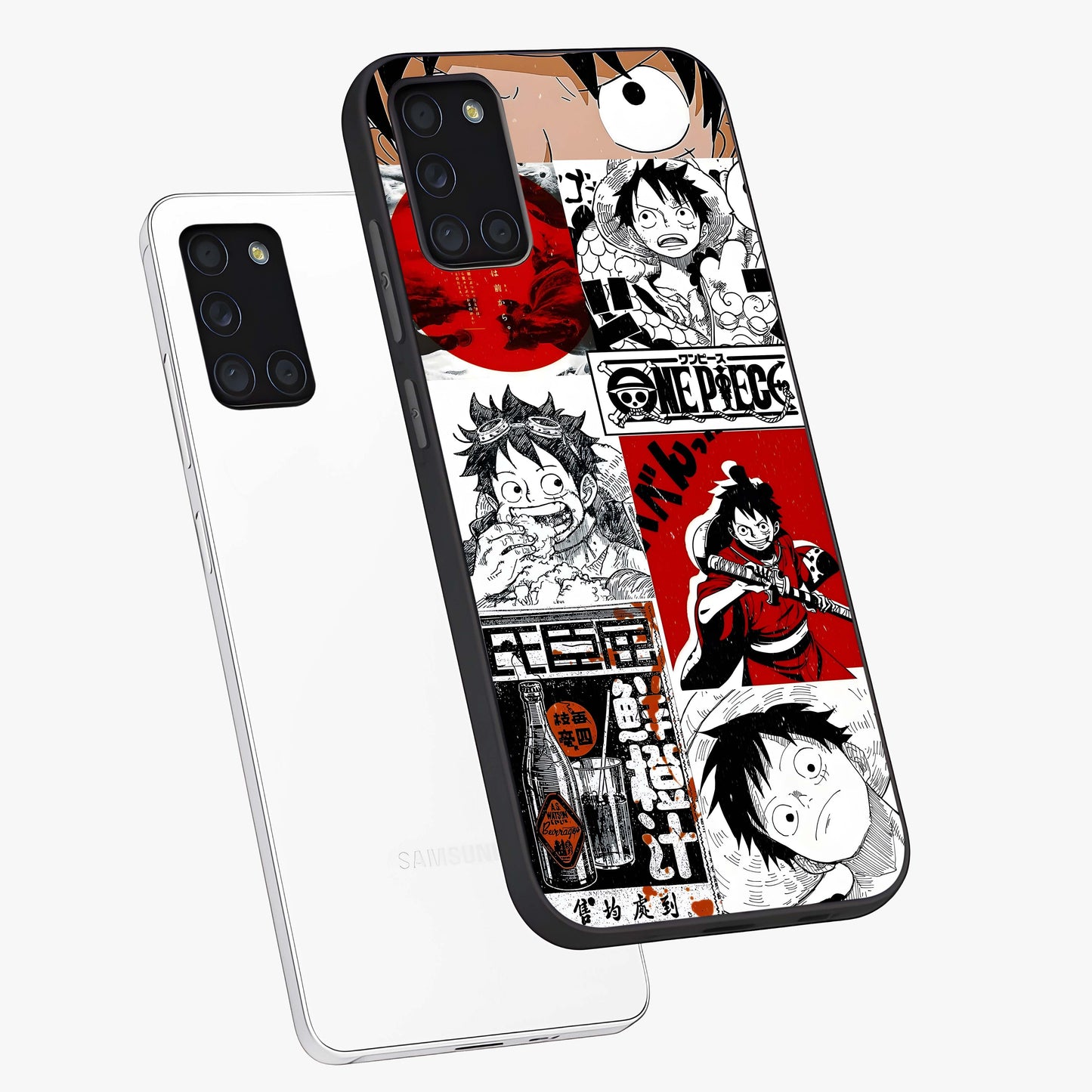 Strawhat Chaos Panels Glass Case displayed in angled mockup highlighting vibrant anime collage design with action aesthetic.