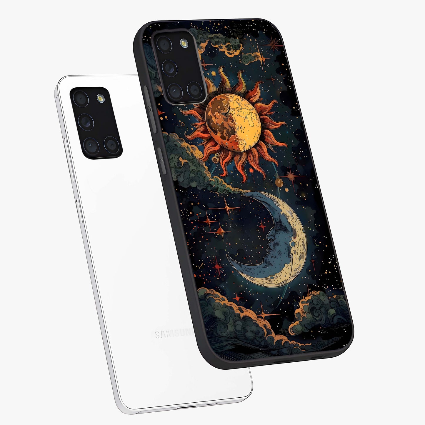 Sun And Moon Magic Design Glass Case displayed in angled mockup highlighting celestial design with magical cosmic aesthetic.
