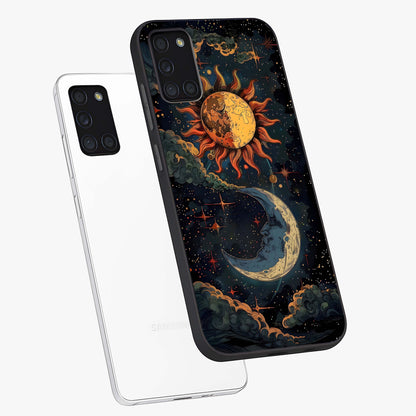 Sun And Moon Magic Design Glass Case displayed in angled mockup highlighting celestial design with magical cosmic aesthetic.
