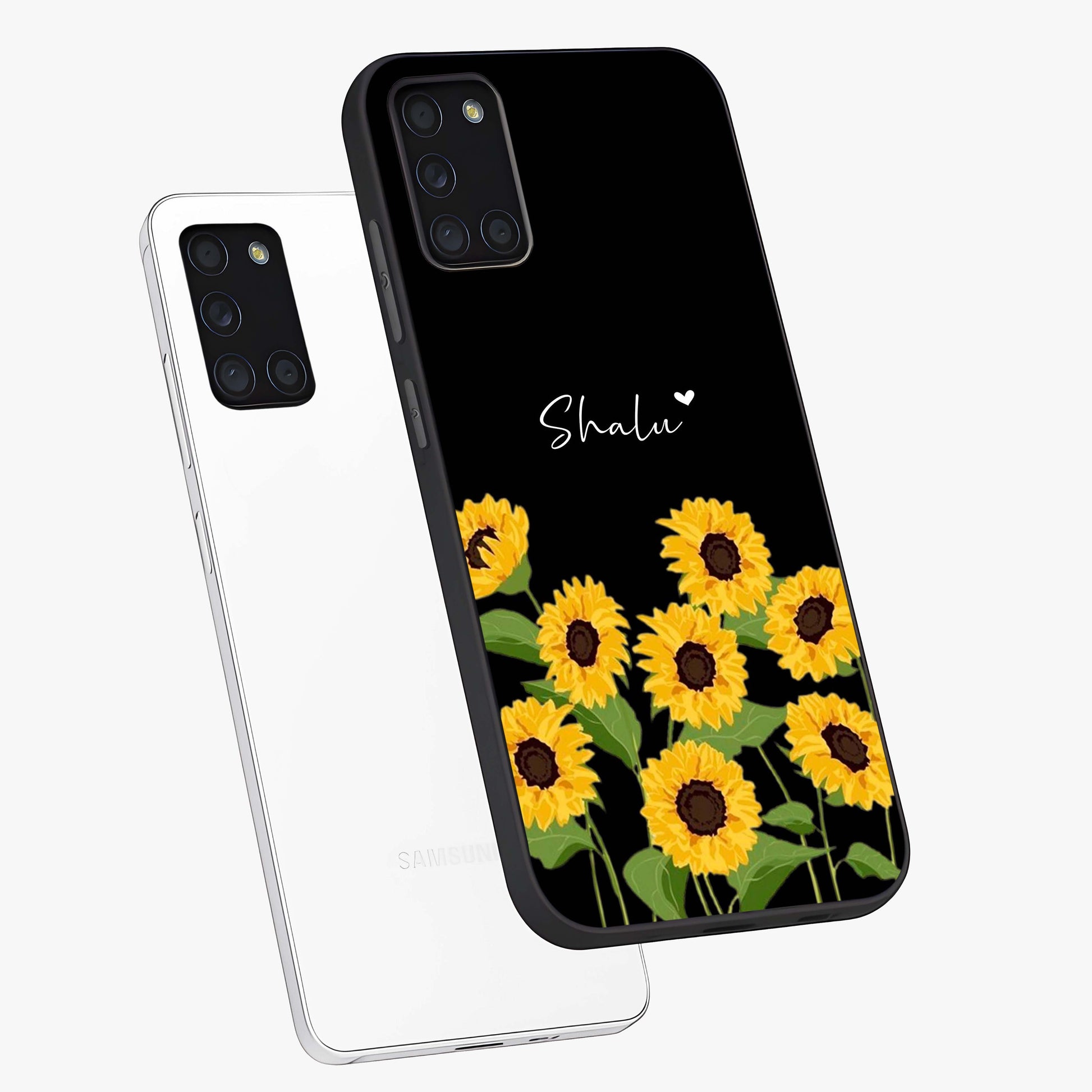 Sunflower Chic Mood Custom Name Glass Case displayed in angled mockup highlighting vibrant sunflower design with custom name feature.