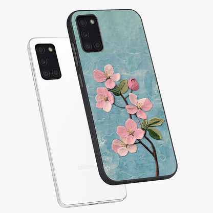 Threaded Blossom Breeze Glass Case displayed in angled mockup highlighting elegant floral design with soft aesthetic style.