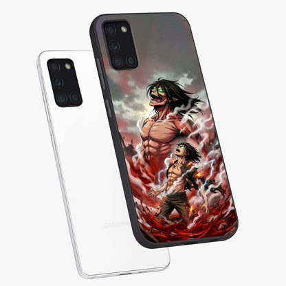 Titan Awakening Fury Glass Case displayed in angled mockup highlighting dramatic giant warrior design with bold anime aesthetic.