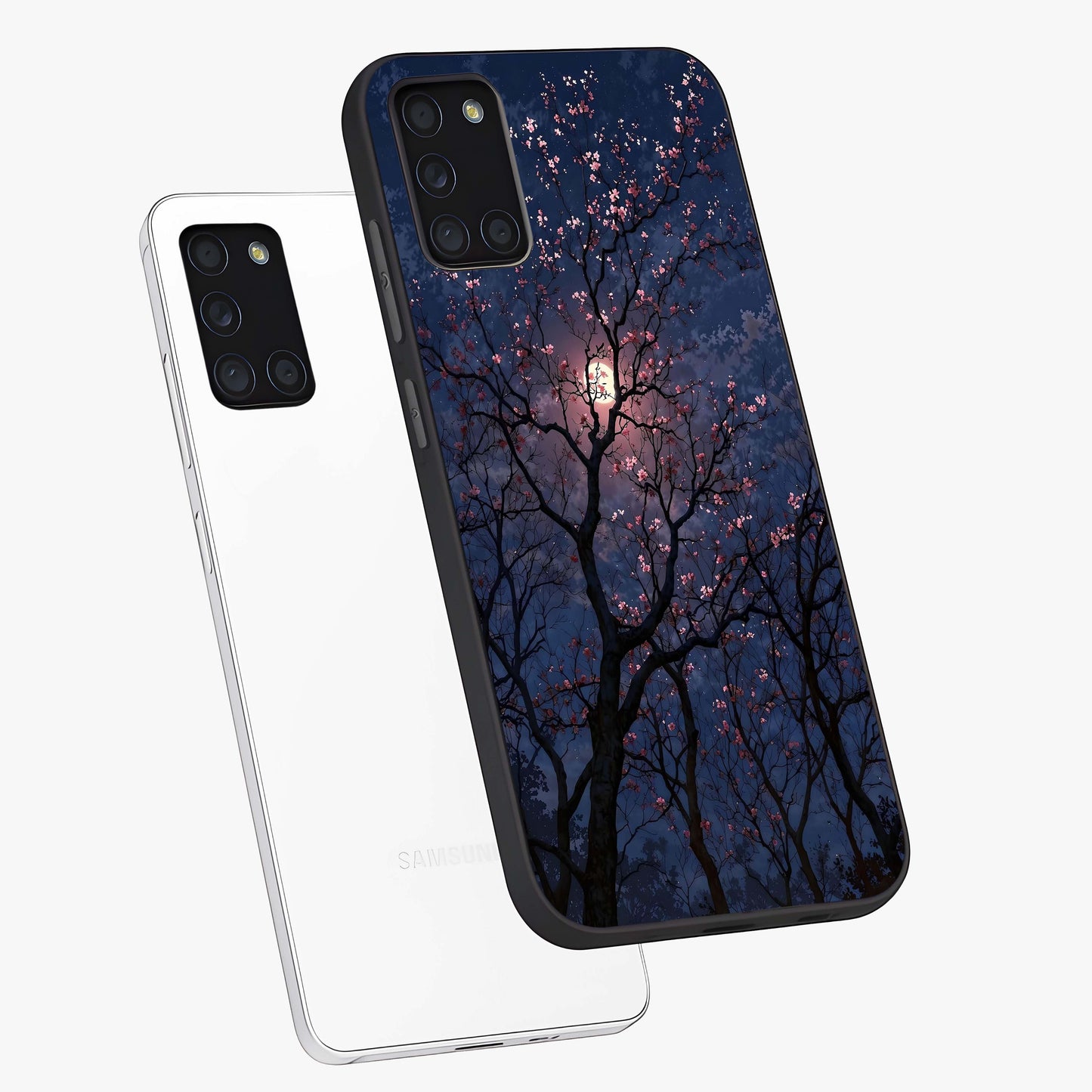Twilight Sakura Serenade Glass Case displayed in angled mockup highlighting delicate sakura flower design with dreamy aesthetic.