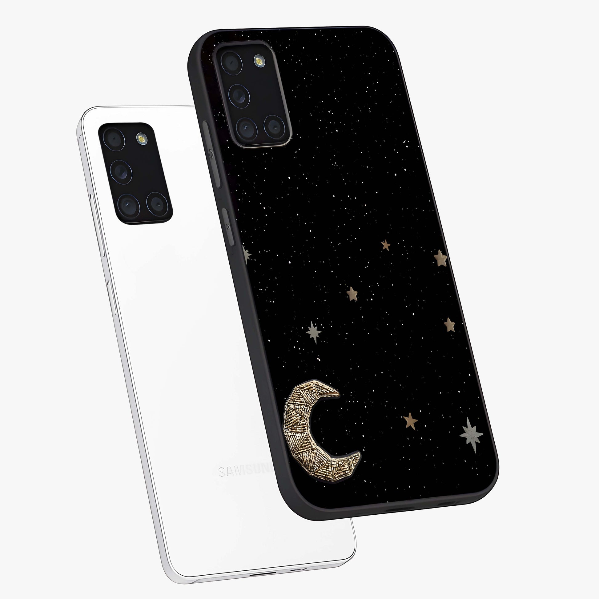 Twinkle Star With Half Moon Glass Case displayed in angled mockup highlighting celestial moon and star design with magical aesthetic.