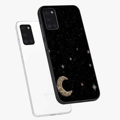 Twinkle Star With Half Moon Glass Case displayed in angled mockup highlighting celestial moon and star design with magical aesthetic.