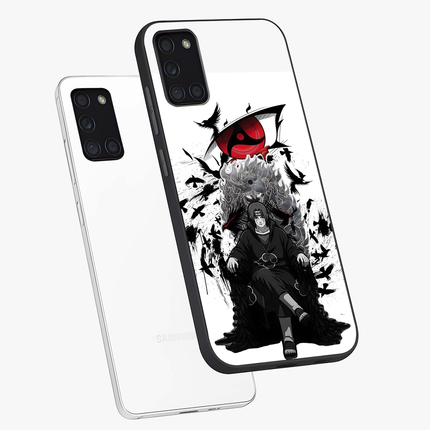 Uchiha Shadow Throne Glass Case displayed in angled mockup highlighting glowing aquatic design with celestial aesthetic.