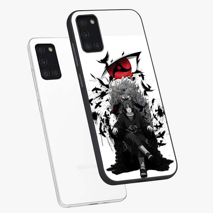 Uchiha Shadow Throne Glass Case displayed in angled mockup highlighting glowing aquatic design with celestial aesthetic.