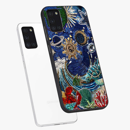 Universe Underwater Spark Glass Case displayed in angled mockup highlighting glowing aquatic design with celestial aesthetic.