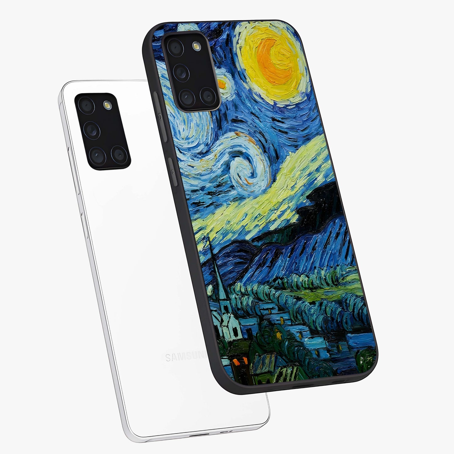 Van Gogh Art Glass Case displayed in angled mockup highlighting swirling brushstroke design with artistic aesthetic.