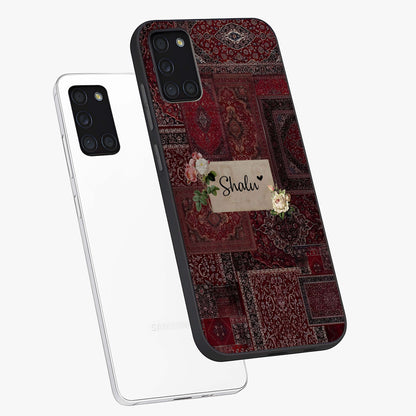Velvet Wine Pattern Custom Name Glass Case displayed in angled mockup highlighting decorative velvet inspired design with custom name feature.