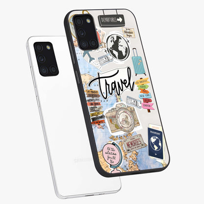 Wanderlust Journal Glass Case displayed in angled mockup highlighting adventure themed design with aesthetic travel vibe.