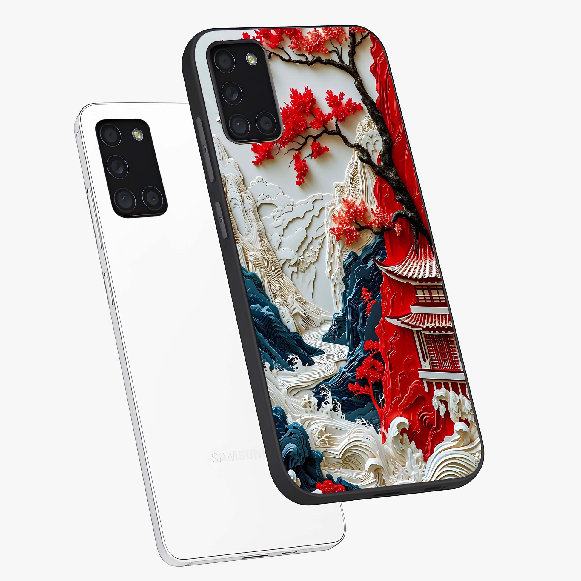 Whispers Of Sakura Waves Glass Case displayed in angled mockup highlighting flowing sakura design with soft floral aesthetic.